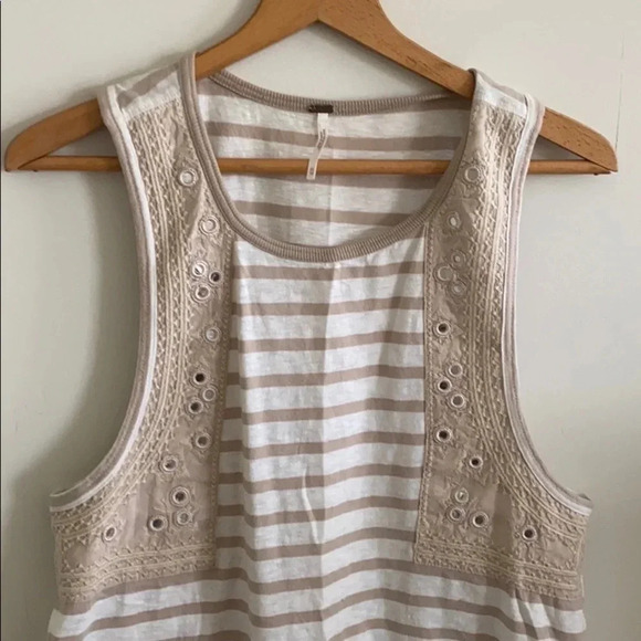 Free People Embroidered tan and white stripped Mirror Tank Top - Picture 6 of 8